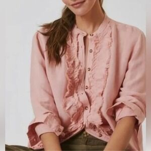 Pilcro Anthropologie Pink Linen Blend Ruffle Front Band Collar Shirt Small